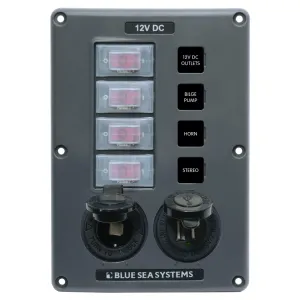 Blue Sea Panel Switch H2O CB 4pos Socket & USB Grey